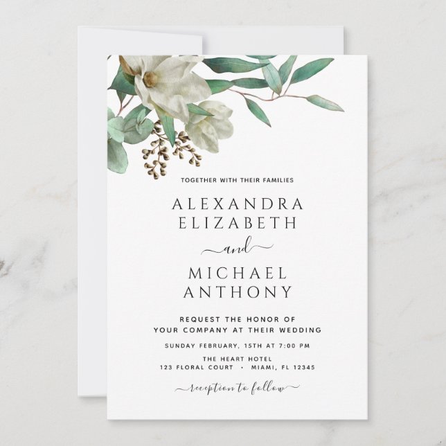 Invitación Magnolia Eucalyptus Foto Boda Elegante (Anverso)