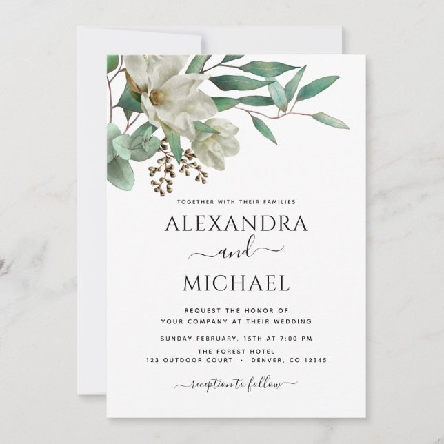 Invitación Magnolia Eucalyptus Foto Boda Elegante (Anverso)