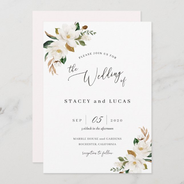 Invitación Magnolia Floral Acuarela (Anverso / Reverso)