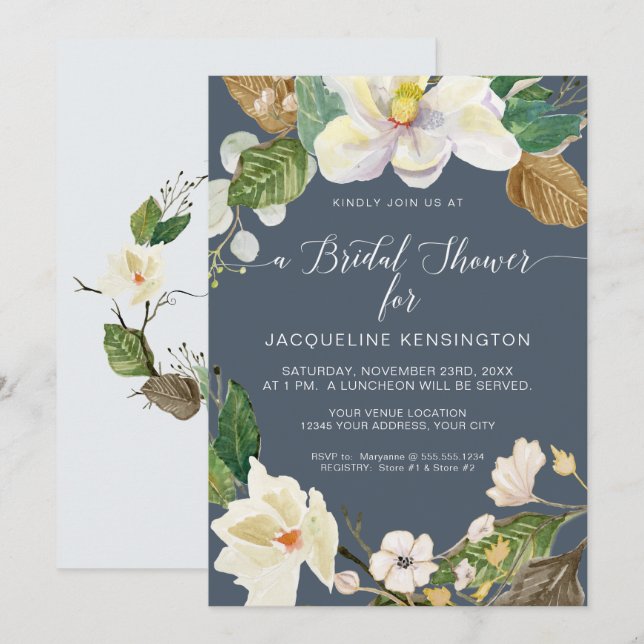 Invitación Magnolia Floral acuarela Foliage Dusty Blue Navy (Anverso / Reverso)
