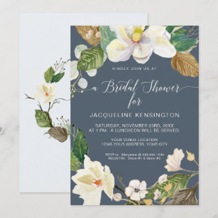 Invitación Magnolia Floral acuarela Foliage Dusty Blue Navy