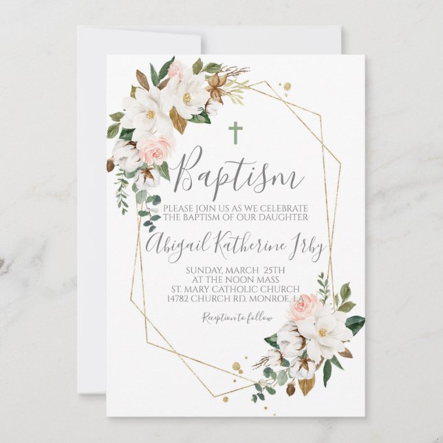 Invitación Magnolia floral Bautismo (Anverso)