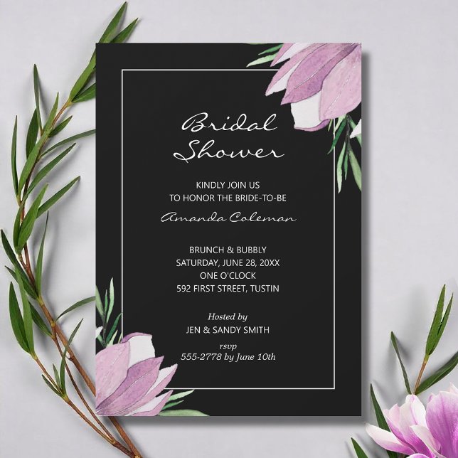 Invitación Magnolia Floral Black Bridal Shower (Watercolor magnolia flowers bridal shower invitations - INSTANT DOWNLOAD and/or PRINTED or both!)