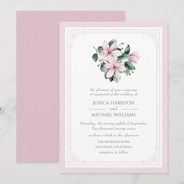 Invitación Magnolia floral elegante Boda formal rosa (Anverso / Reverso)