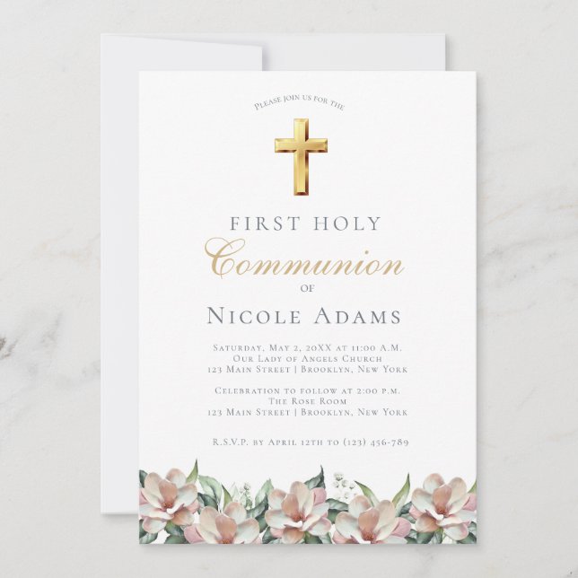 Invitación Magnolia Floral First Communion  (Anverso)