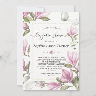 Invitación Magnolia Floral Gold Calligraphy Lingerie Shower