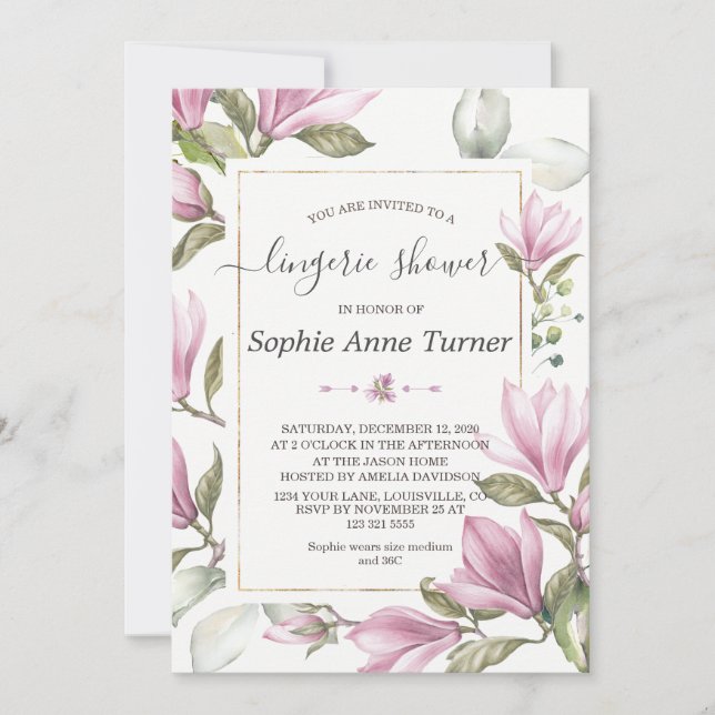 Invitación Magnolia Floral Gold Calligraphy Lingerie Shower (Anverso)