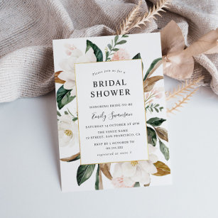 Invitación Magnolia floral marco dorado ducha de novia