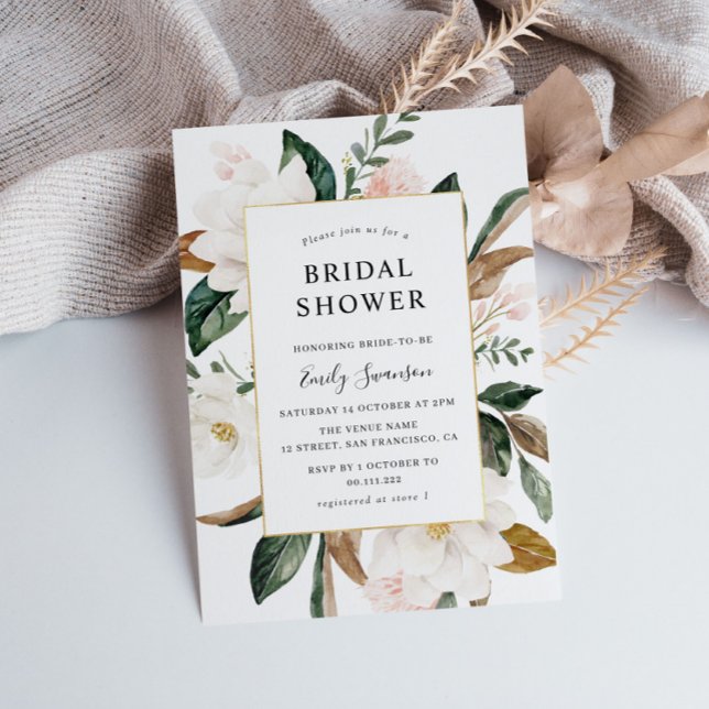 Invitación Magnolia floral marco dorado ducha de novia (Subido por el creador)
