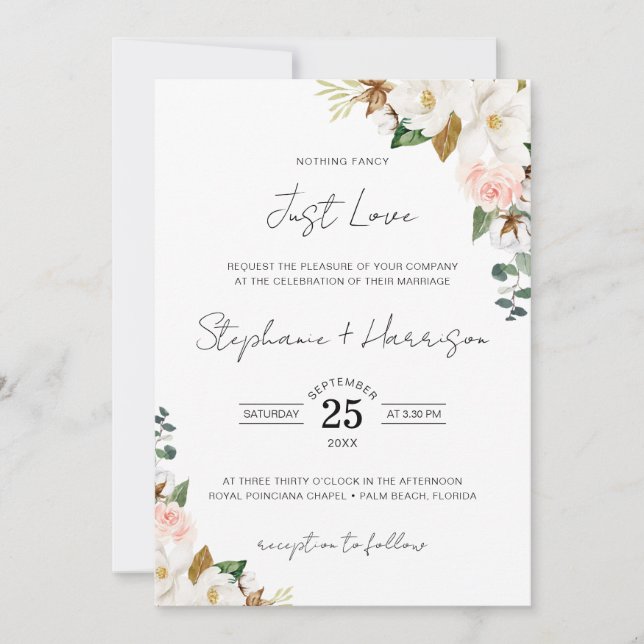 Invitación Magnolia Floral Nothing Fancy Just Love Boda (Anverso)