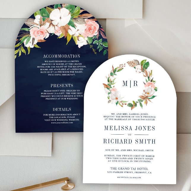 Invitación Magnolia floral rosa monograma todo en un Boda (Subido por el creador)