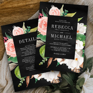 Invitación Magnolia floral rosa todo en un Boda negro