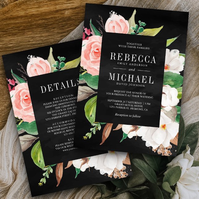 Invitación Magnolia floral rosa todo en un Boda negro (Subido por el creador)