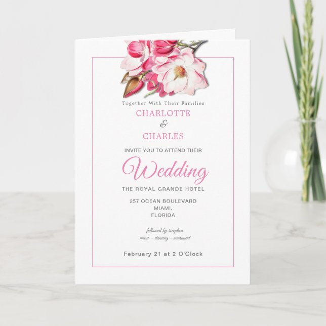 Invitación Magnolia floral rosada elegante matrimonio (Anverso)