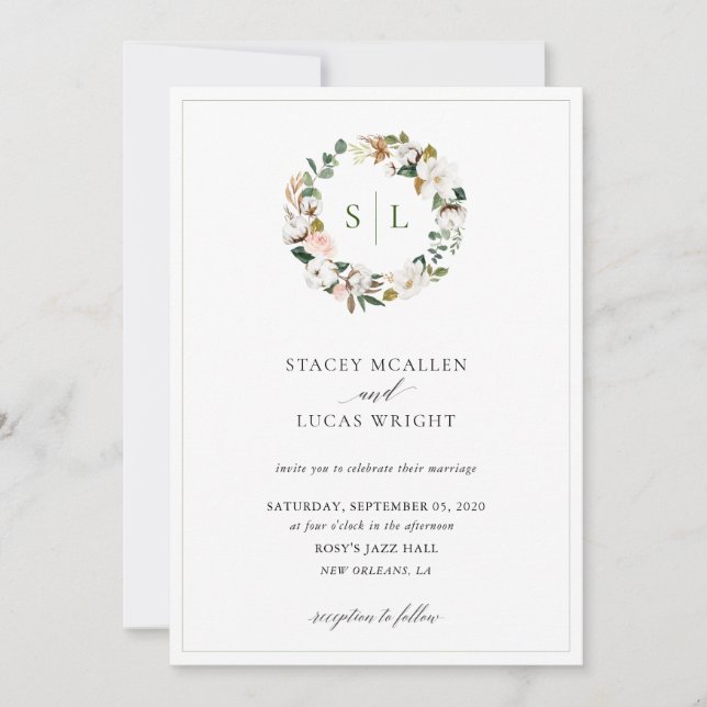 Invitación Magnolia Floral Wreath (Anverso)
