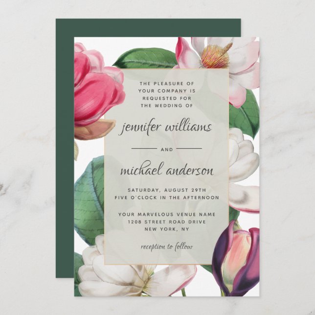 Invitación Magnolia Florencia Romántica Boho Floral Elegante (Anverso / Reverso)