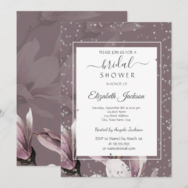 Invitación Magnolia Flores Diamantes Ducha Bridal (Anverso / Reverso)