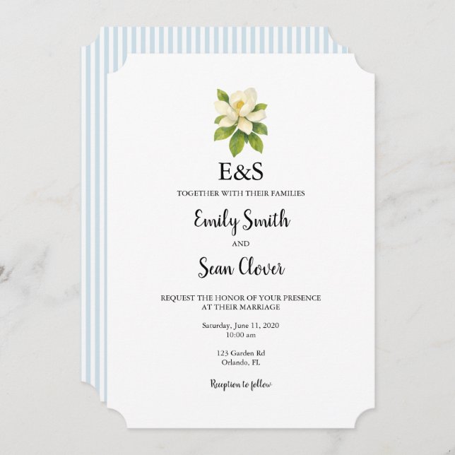 Invitación Magnolia Flower Wedding Monogram Blue Stripe (Anverso / Reverso)