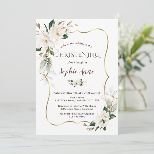 Invitación Magnolia Flowers Airy Greenery Gold Christening (Anverso de pie)