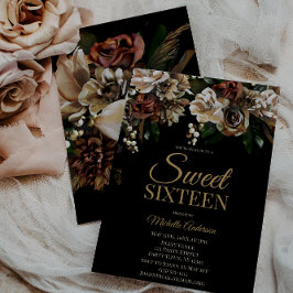 Invitación Magnolia Gold y Black Floral Sweet 16