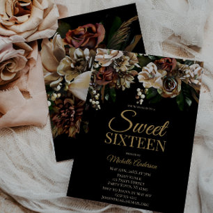 Invitación Magnolia Gold y Black Floral Sweet 16