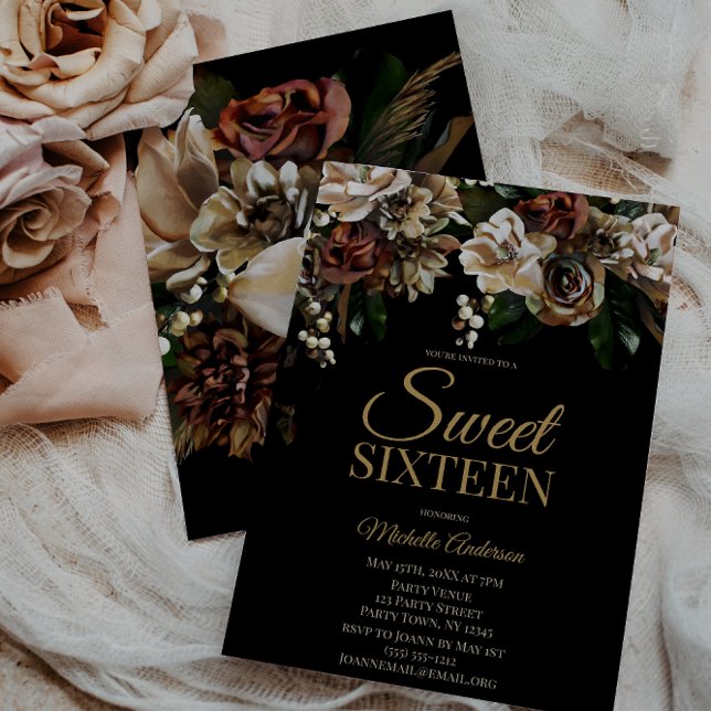 Invitación Magnolia Gold y Black Floral Sweet 16 (Subido por el creador)