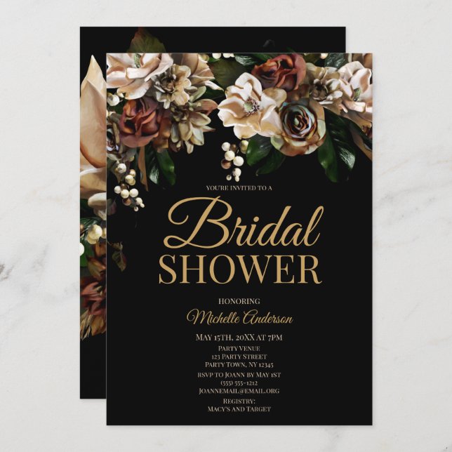 Invitación Magnolia Gold y la ducha nupcial floral negra (Anverso / Reverso)