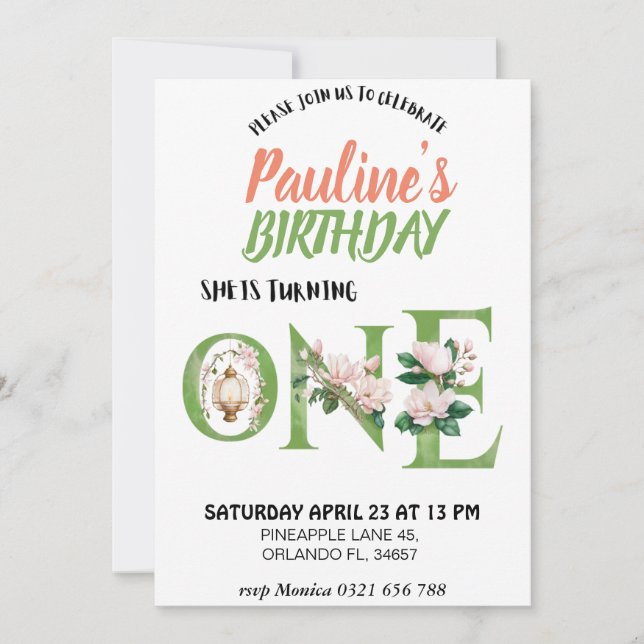 Invitación magnolia ONE bebé cumpleaños (Anverso)