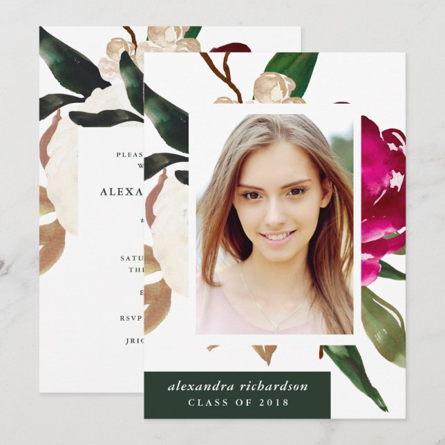 Invitación Magnolia pintada | Partido de Graduación de Fotogr (Anverso / Reverso)