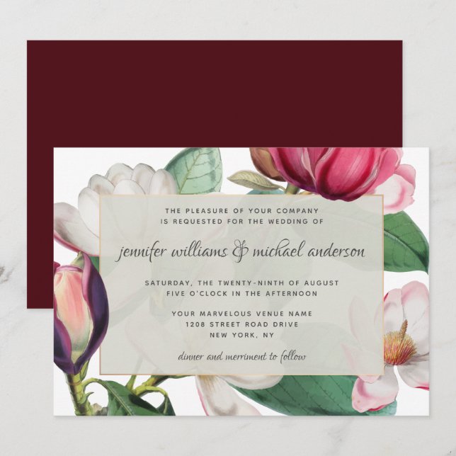 Invitación Magnolia romántica floral elegante (Anverso / Reverso)