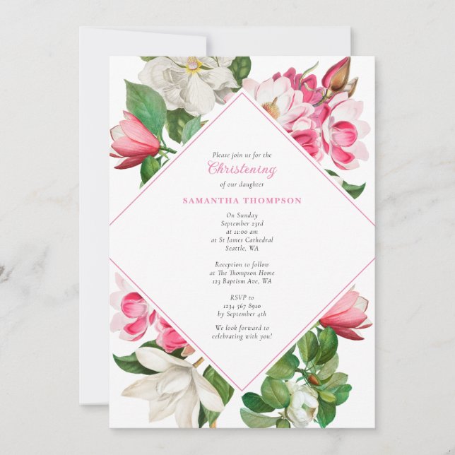Invitación Magnolia Rosa Blanca Flores Bautismo Christening (Anverso)