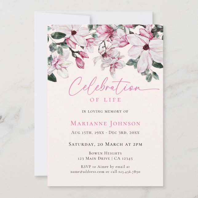 Invitación Magnolia rosa celebración del funeral de la floral (Anverso)