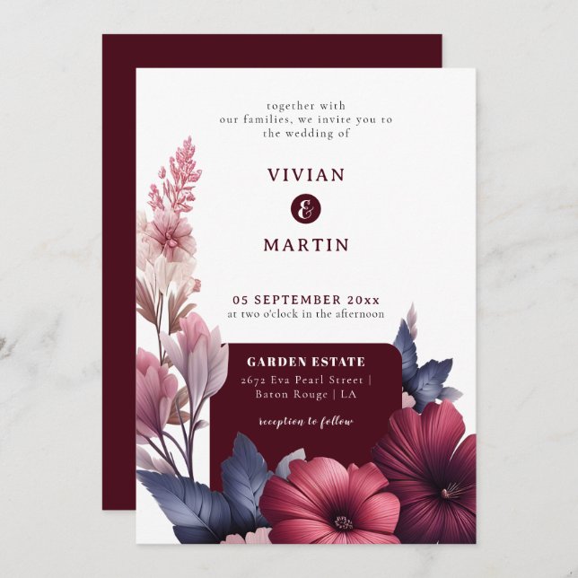 Invitación Magnolia rosa de Borgoña y Rubor Boda (Anverso / Reverso)