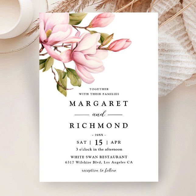 Invitación Magnolia rosa elegante acuarela Boda floral (Subido por el creador)