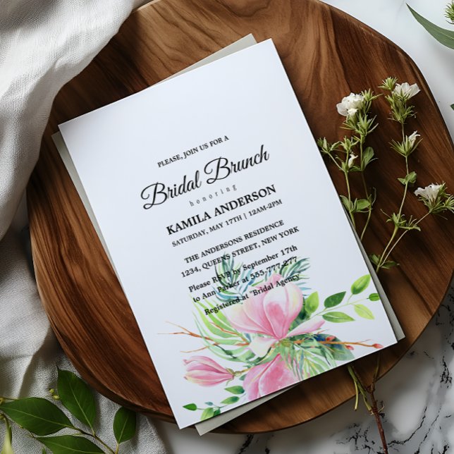 Invitación Magnolia rosa elegante acuarela Ducha de novias (Elegant Pink Magnolia Watercolor Bridal Shower Invitation)