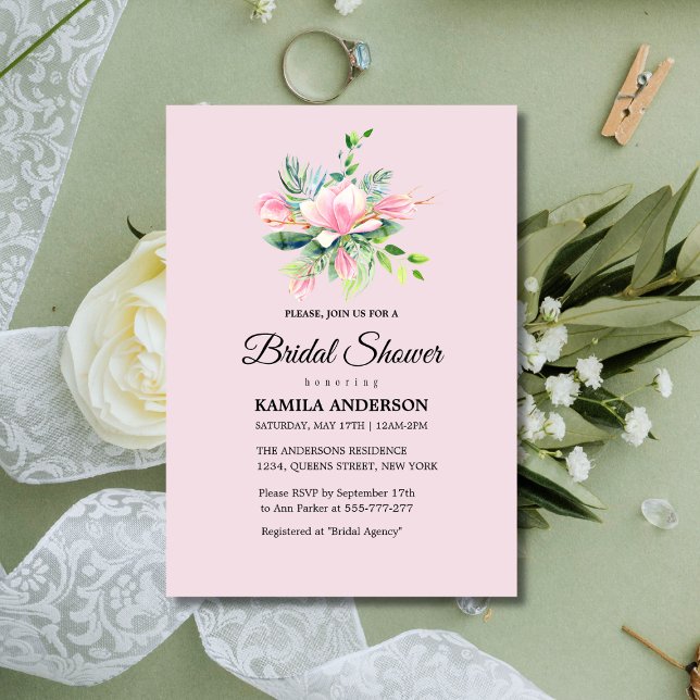 Invitación Magnolia rosa elegante acuarela Ducha de novias (Subido por el creador)