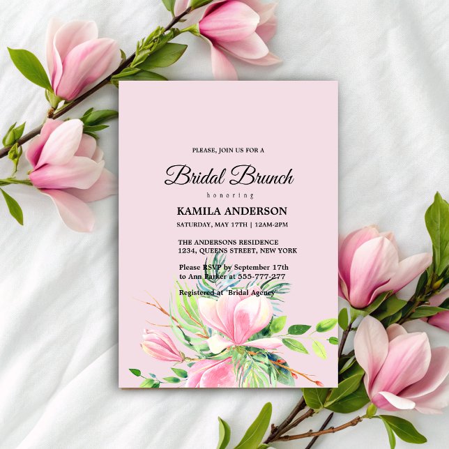 Invitación Magnolia rosa elegante acuarela Ducha de novias (Elegant Pink Magnolia Watercolor Bridal Shower Invitation)