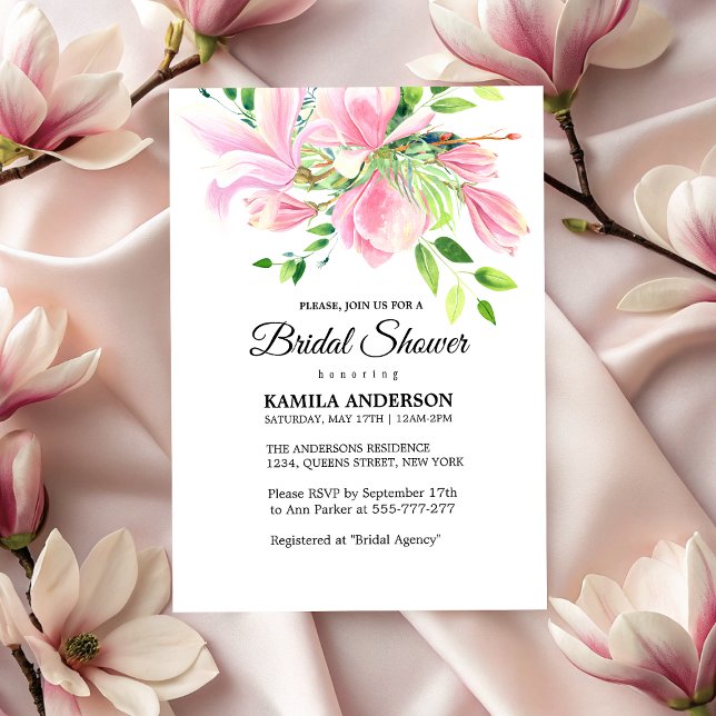 Invitación Magnolia rosa elegante acuarela Ducha de novias (Elegant Pink Magnolia Watercolor Bridal Shower Invitation)