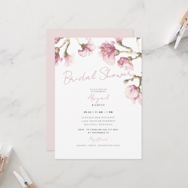 Invitación Magnolia rosa elegante ducha de novia floral (Anverso/Reverso In Situ)