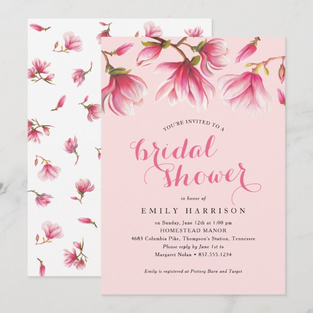 Invitación Magnolia rosa elegante flores de novia ducha (Anverso / Reverso)