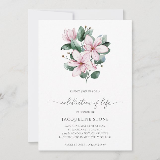 Invitación Magnolia rosa floral elegante celebración de la vi (Anverso)