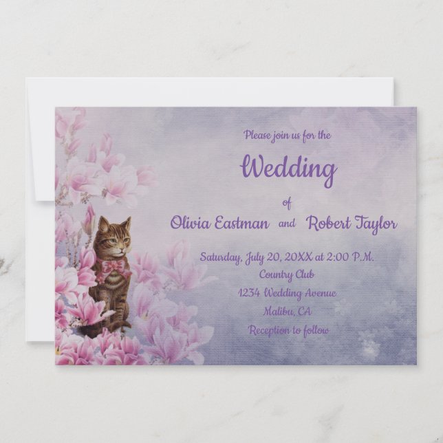 Invitación Magnolia rosa personalizada y boda de gatos (Anverso)