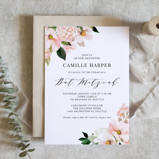 Invitación Magnolia rosa Rubor e Hydrangea Bat Mitzvah (Subido por el creador)