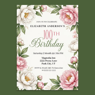 Invitación Magnolia Rosa Suave y Peonía 100 Cumpleaños
