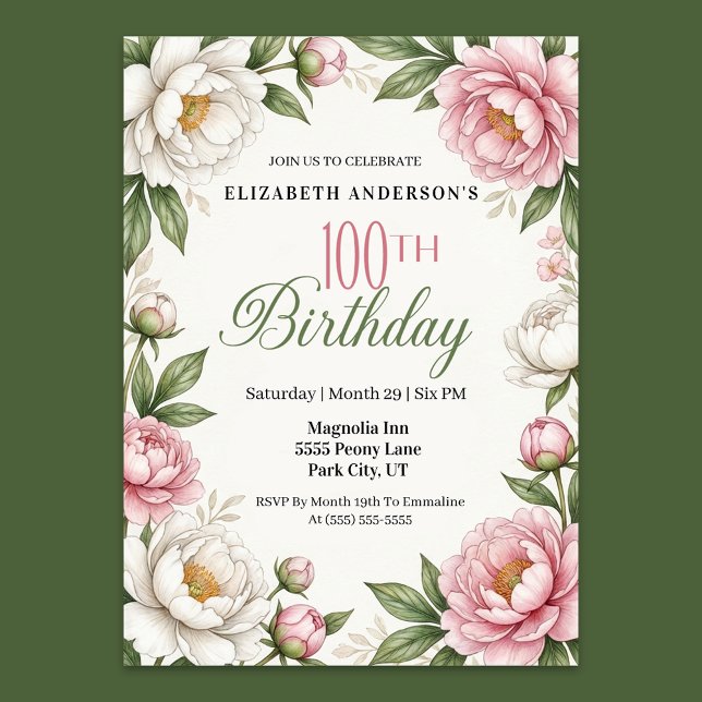 Invitación Magnolia Rosa Suave y Peonía 100 Cumpleaños (Elegant 100th birthday invitation with soft pink and white watercolor peonies, green leaves)