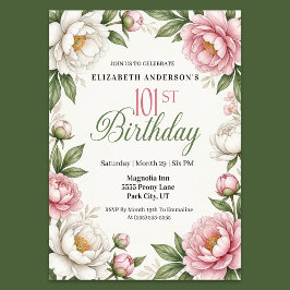 Invitación Magnolia Rosa Suave y Peonía Cumpleaños 101