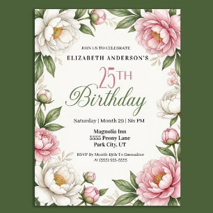 Invitación Magnolia Rosa Suave y Peonía Cumpleaños 25