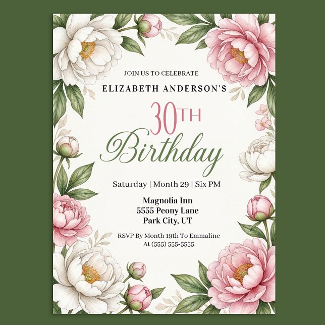 Invitación Magnolia Rosa Suave y Peonía Cumpleaños 30 (Subido por el creador)