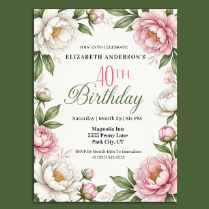 Invitación Magnolia Rosa Suave y Peonía Cumpleaños 40