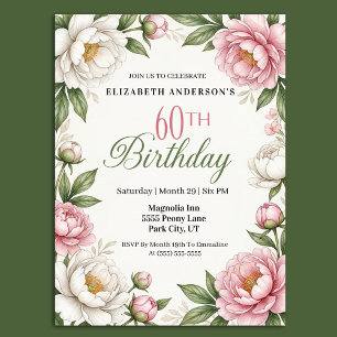 Invitación Magnolia Rosa Suave y Peonía Cumpleaños 60